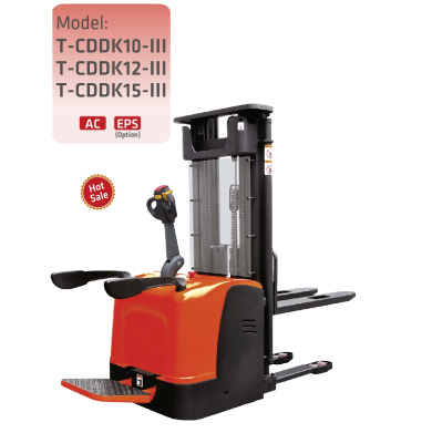 ELECTRIC PALLET (T-CDDK10~15-III) front product image An orange and black forklift with a standing platform and steering handle. The text above lists models: T-CDDK10-III, T-CDDK12-III, T-CDDK15-III. There's also an "AC, EPS (Option)" label and a "Hot Sale" badge on the left side of the image.