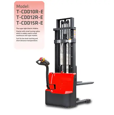 ELECTRIC PALLET TRUCK (T-CDD10~15R-E) An orange and black forklift with a steering handle. The text above lists models: T-CDD10R-E, T-CDD12R-E, T-CDD15R-E. There is the description of the product.