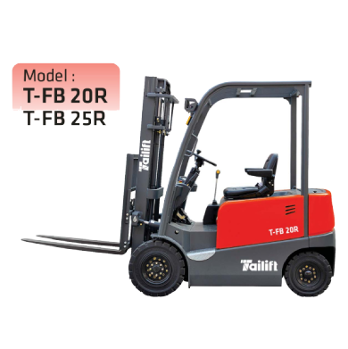 ELECTRIC SIT DOWN (T-FB20R)_front product image 1 An image of a Tailift forklift in red and grey. It lists two models, T-FB 20R and T-FB 25R. The forklift has an enclosed cab, two forks, and a control seat.