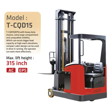 Reach Truck An orange and black reach truck with a compact cabin design. The text above lists models: T-CQD15. There's also an "AC, EPS" label and mentioned 315 inch as max lift height on the left side of the image.