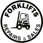 A circular logo with the words "FORKLIFTS" at the top and "REPAIRS & SALES" at the bottom. Inside the circle, there is an illustration of a person operating a forklift.